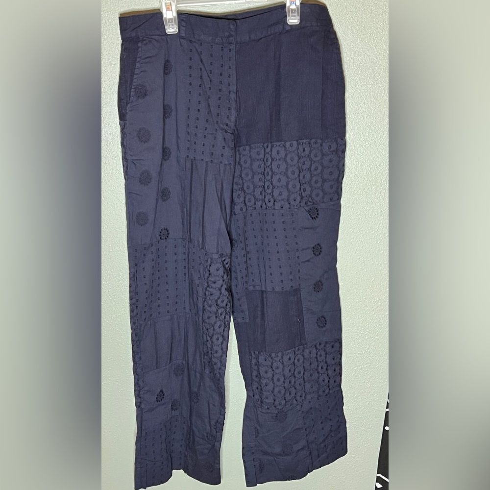 Zara Patchwork Wide Leg Navy Blue Eyelet Flowy Boho Pants Medium